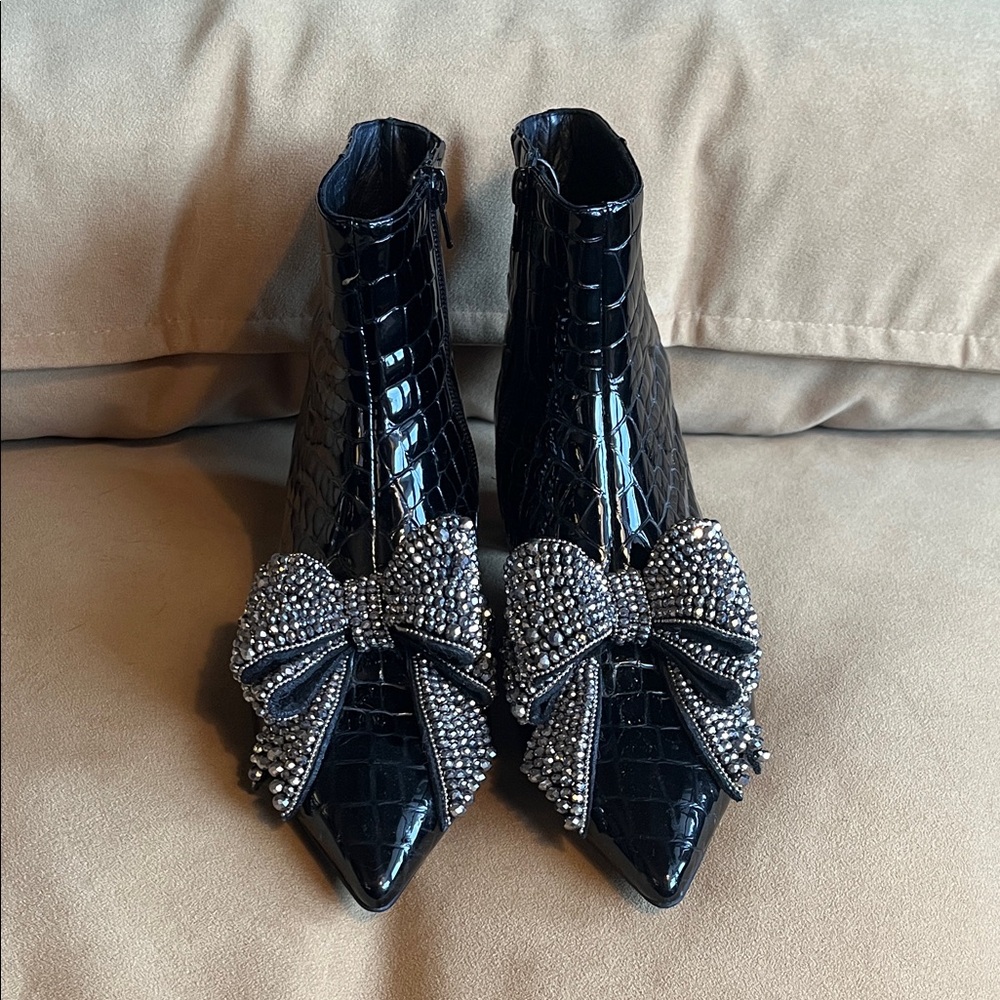 Jeffrey Campbell Luci Black Croc-Embossed Booties with Sparkling Bow